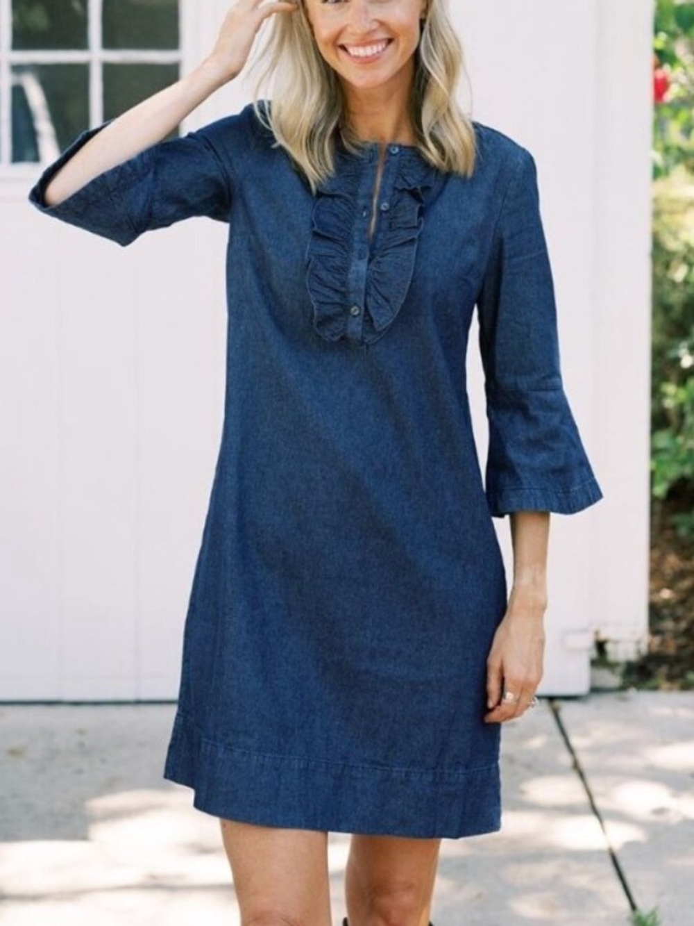 Draper James Chambray Denim Half Sleeve Ruffle Mini Shift Dress Dark Wash Sz 14